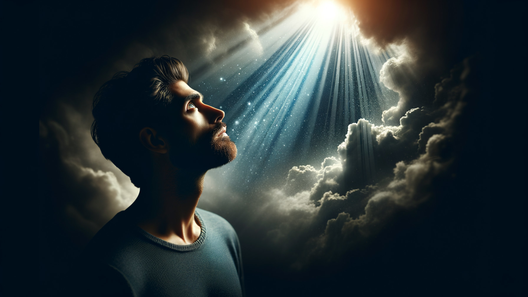 Contemplative Man Under Radiant Beams and Clouds