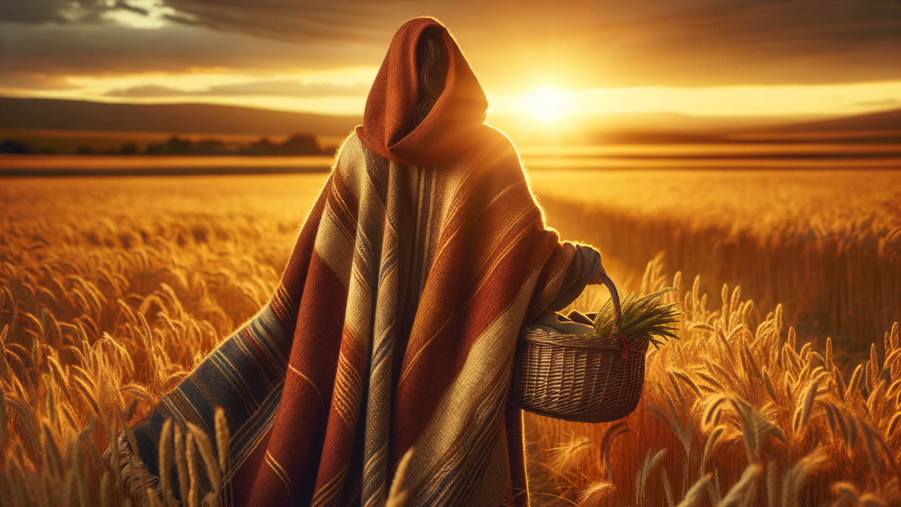 Figure in Cloak in Wheat Field at Sunset