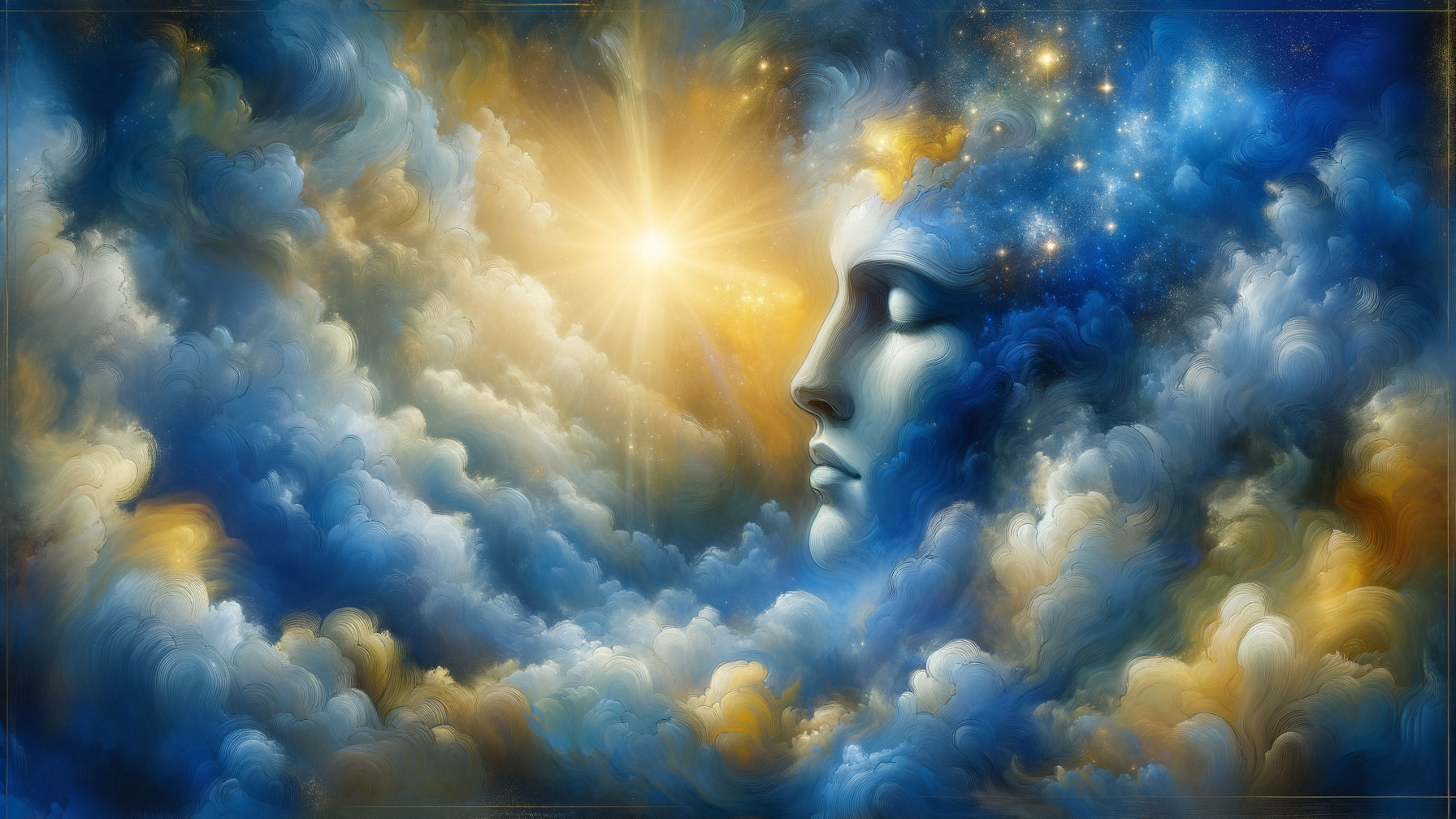Surreal Face in Clouds with Soft Blues and Golds