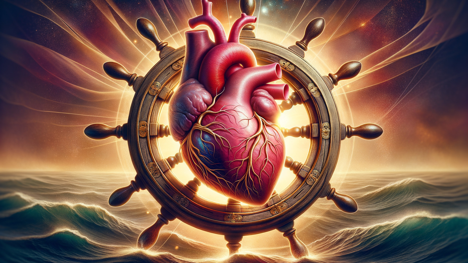 Surreal Illustration of Heart in Ship's Steering Wheel