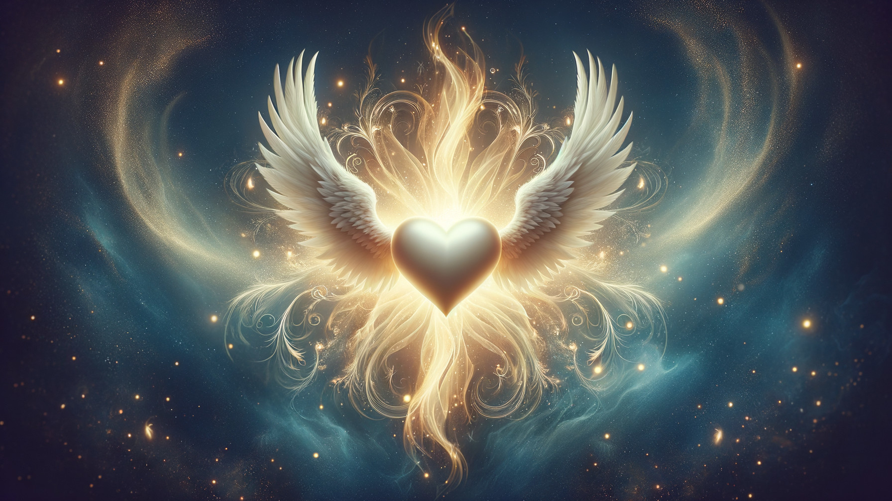 Glowing Heart with Angel Wings and Celestial Background