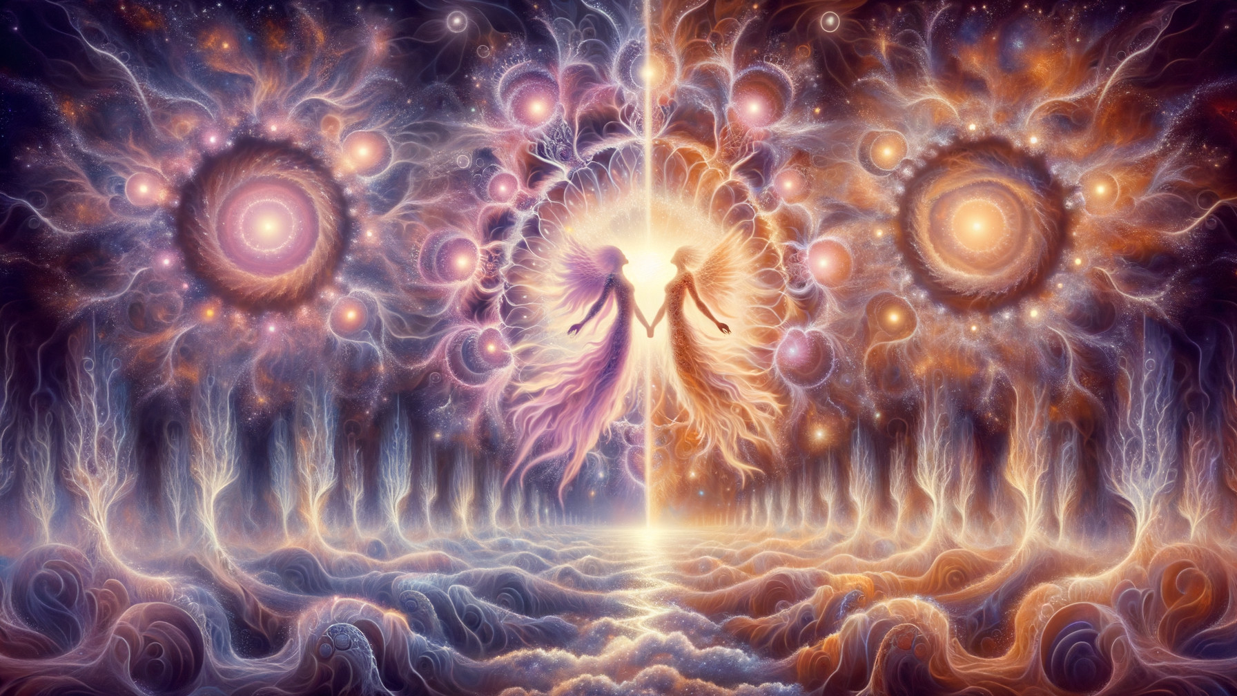 Ethereal Figures in Cosmic Harmony with Vibrant Colors