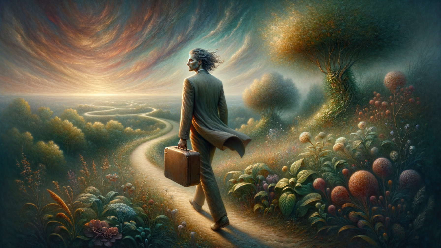 Traveler on Winding Path with Sunset Clouds and Greenery