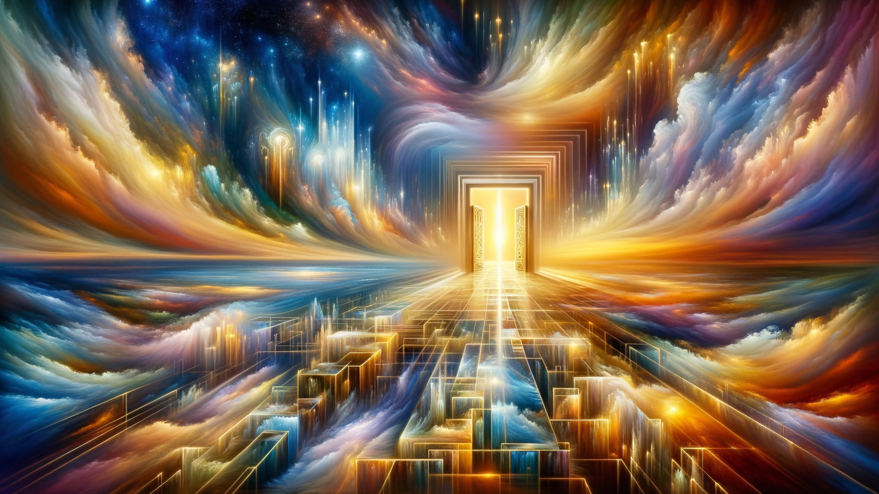 Surreal Landscape with Vibrant Colors and Luminous Doorway