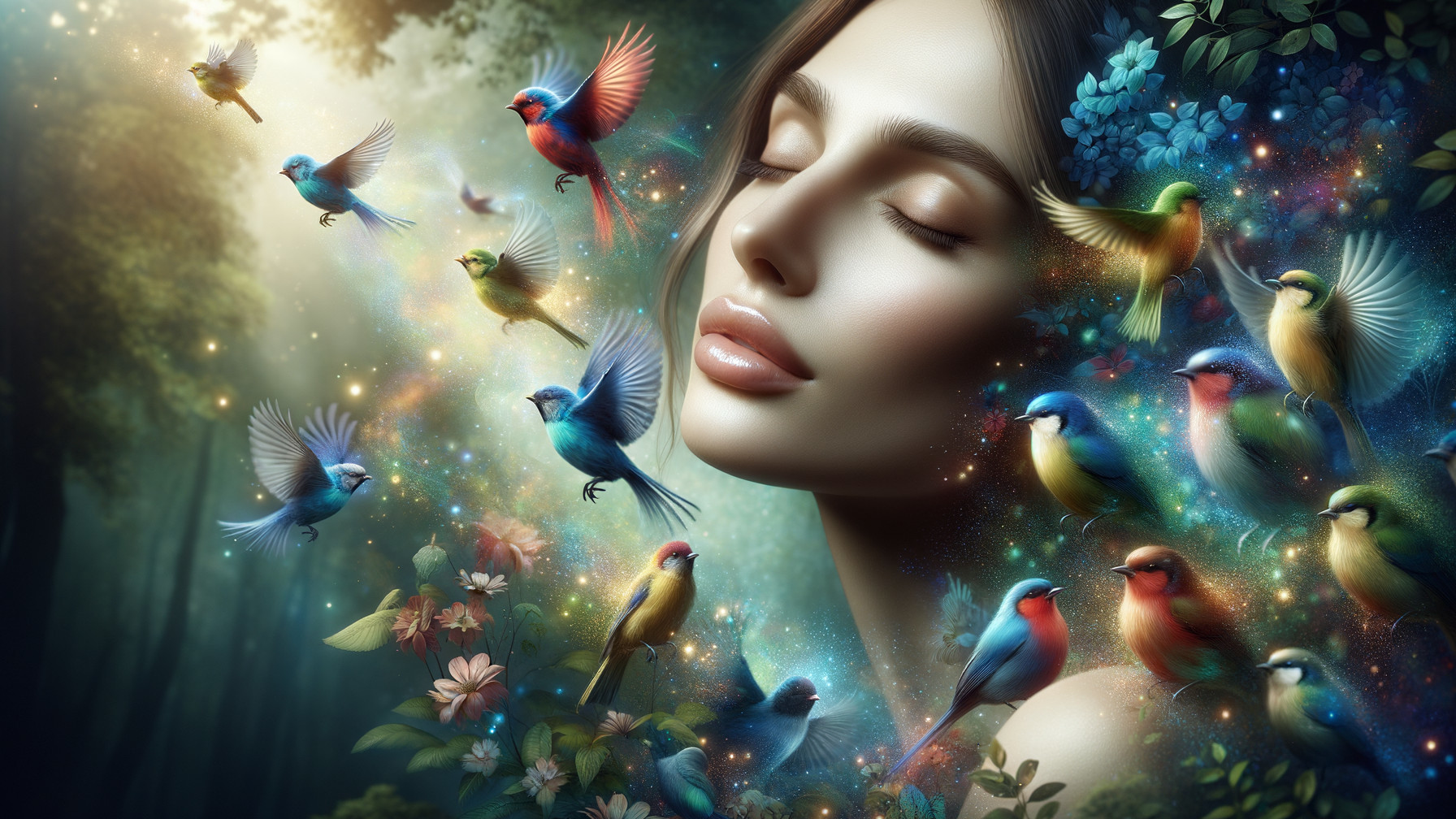 Woman in Ethereal Light Surrounded by Colorful Birds