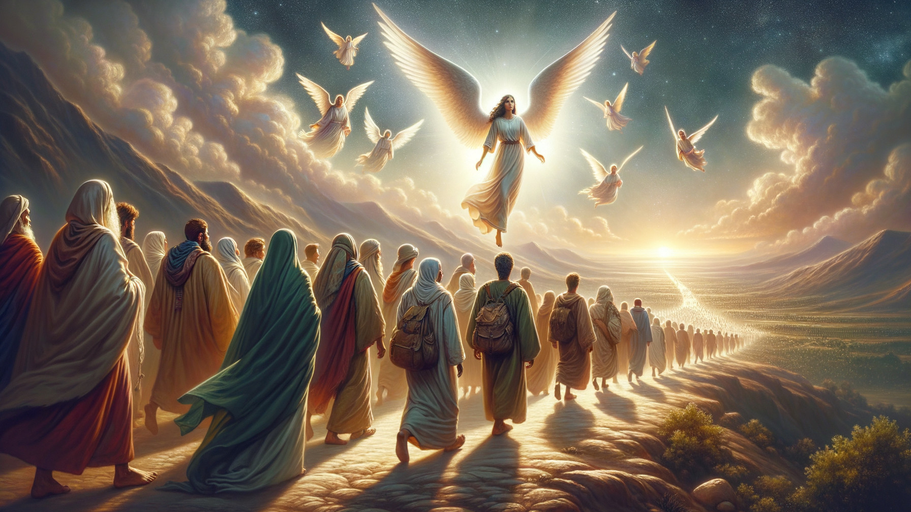 Ancient Figures Walking Under Angels in Dramatic Light