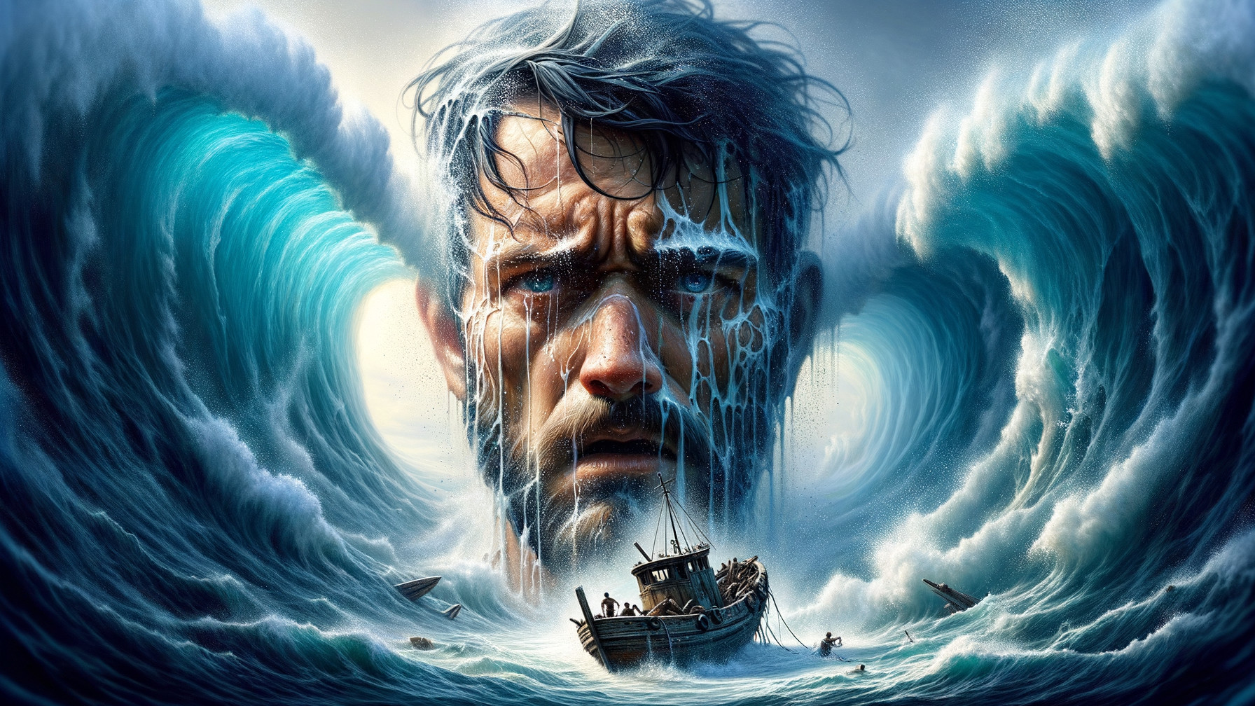 Man's Face in Ocean Waves Reflects Desperation and Courage