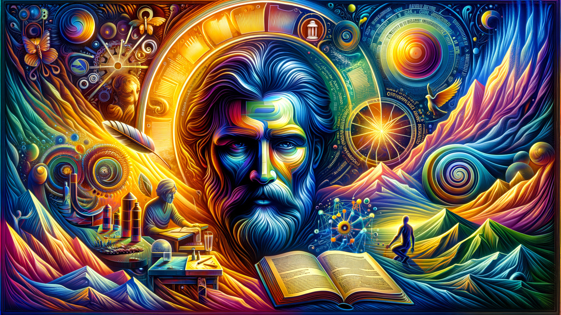 Surreal Composition of a Wise Face with Symbolic Elements