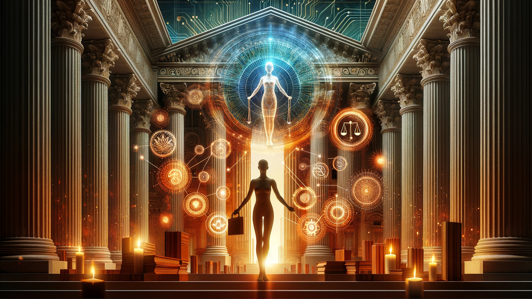 Ancient Hall with Ethereal Entity and Glowing Symbols