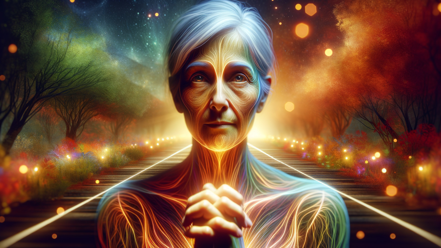 Spiritual Figure in a Mystical, Colorful Landscape