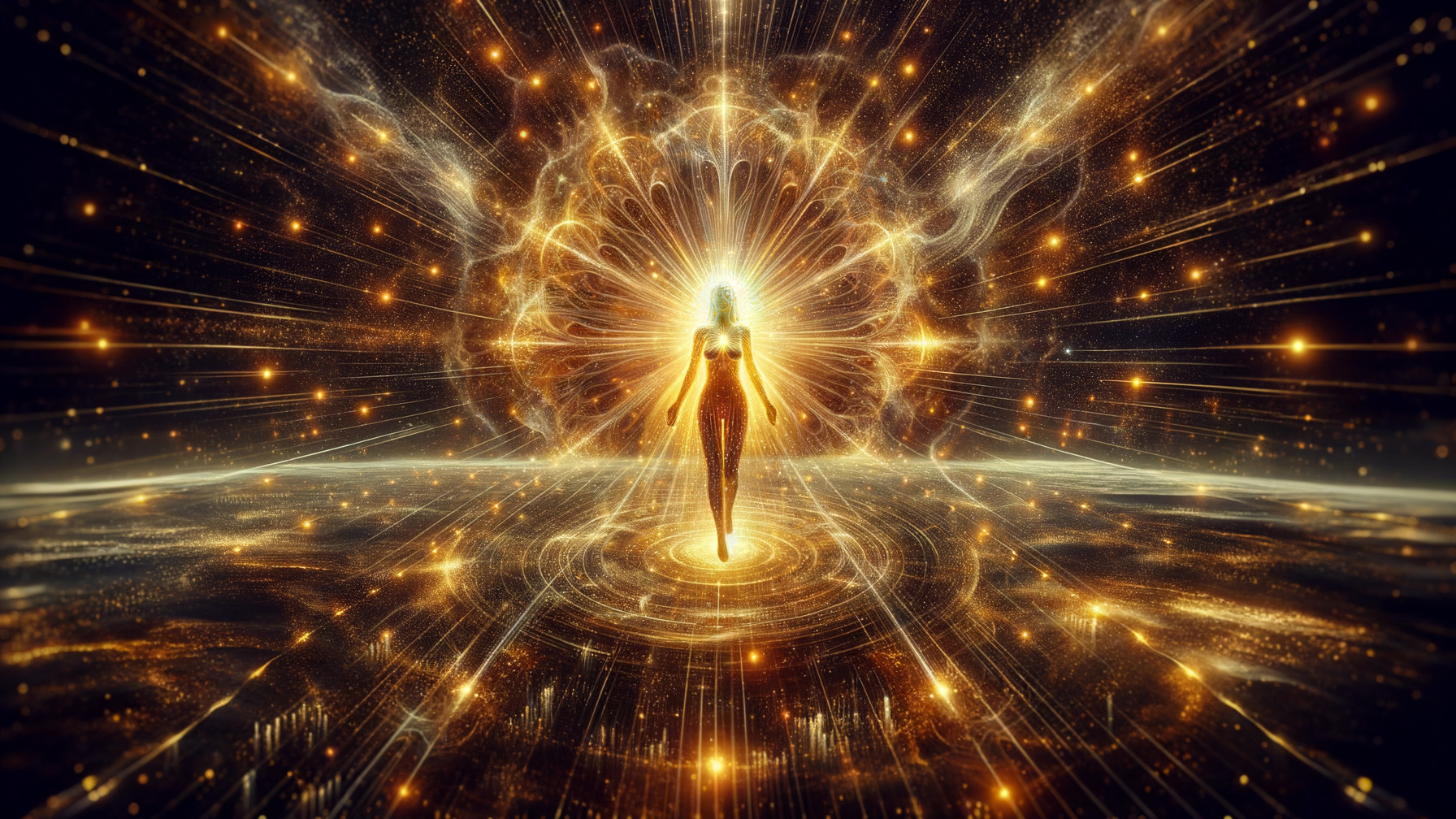 Luminous Figure in Cosmic Golden Light Scene