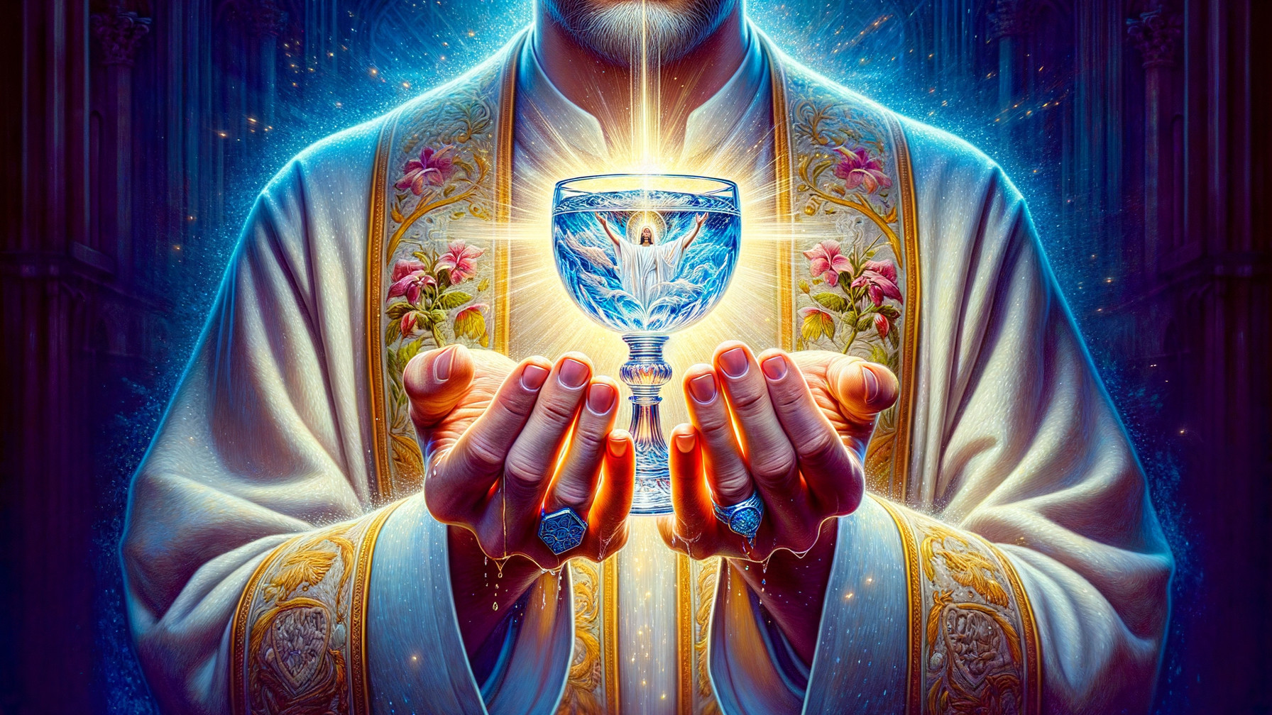 Radiant figure with chalice in divine atmosphere