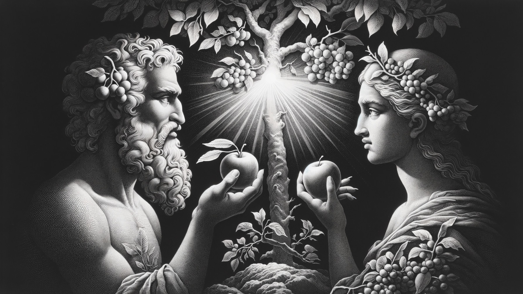 Dramatic Scene of Two Figures with Apples and Tree