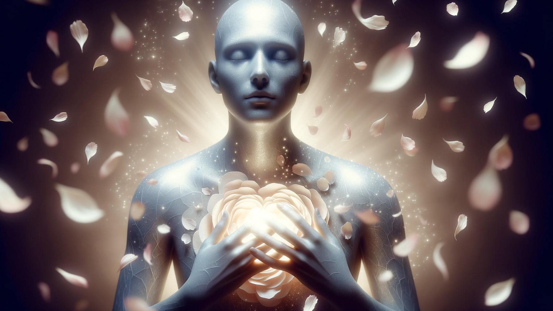 Humanoid Figure with Glowing Rose in Cosmic Setting