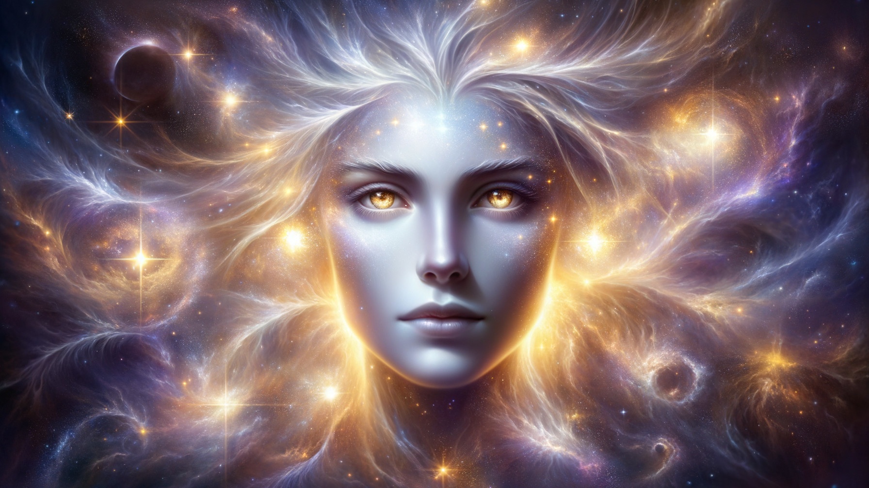 Celestial Figure Against Cosmic Backdrop with Galaxies