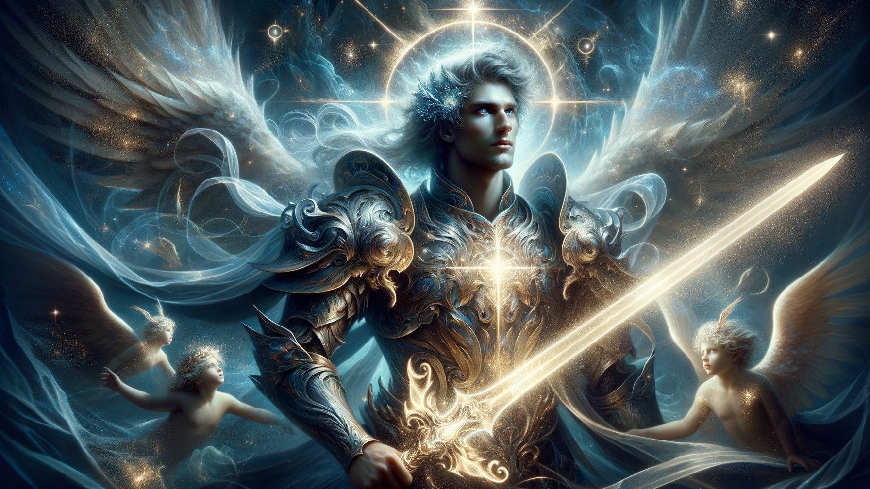 Majestic armored figure with angelic beings and light