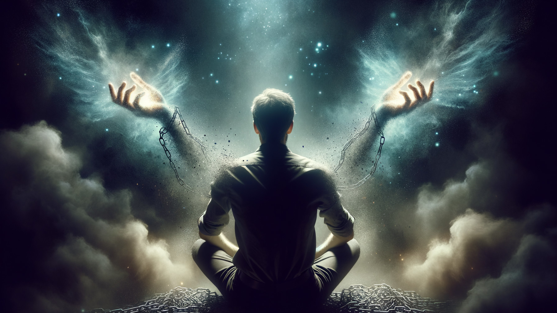 Meditative Figure with Ethereal Wings and Clouds