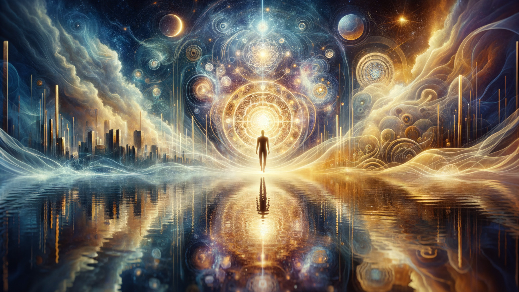 Solitary Figure by Serene Water with Cosmic Reflections
