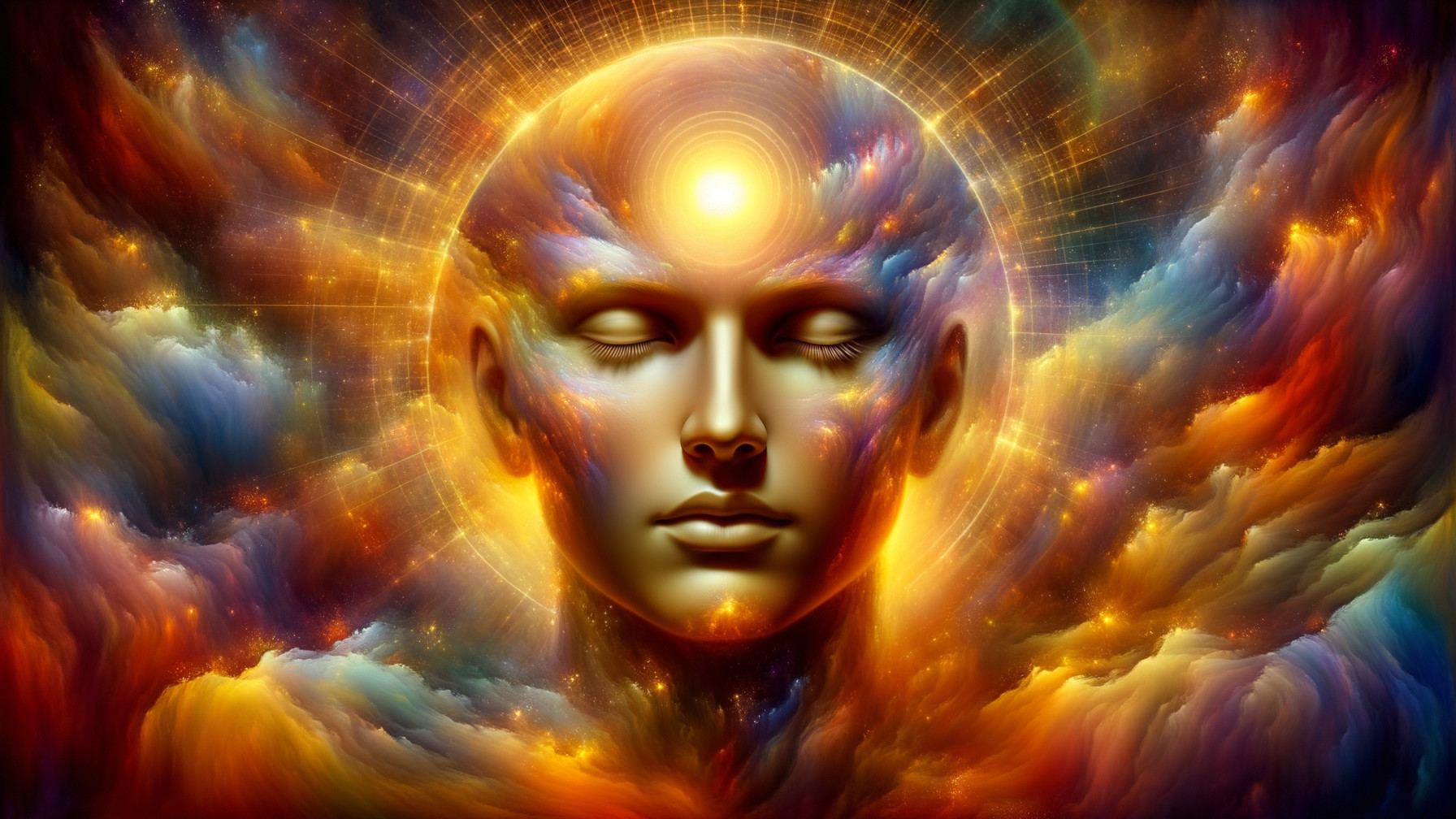 Cosmic Face Surrounded by Vibrant Energy Clouds