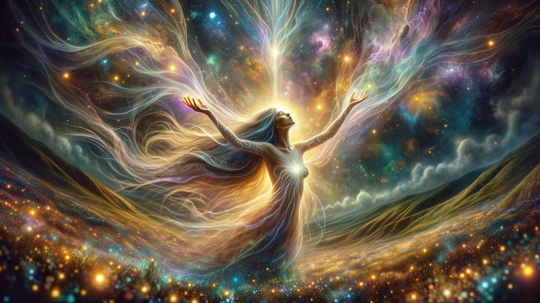 Ethereal Figure Amidst Cosmic Light and Landscapes