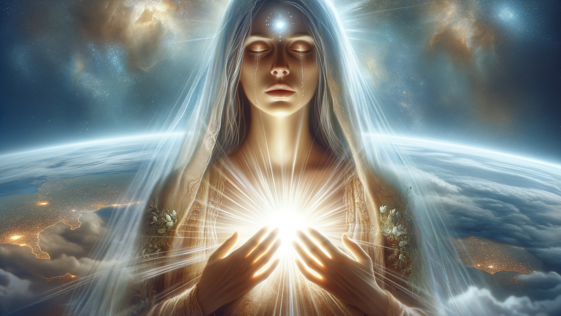 Mystical Figure Surrounded by Celestial Glow and Stars