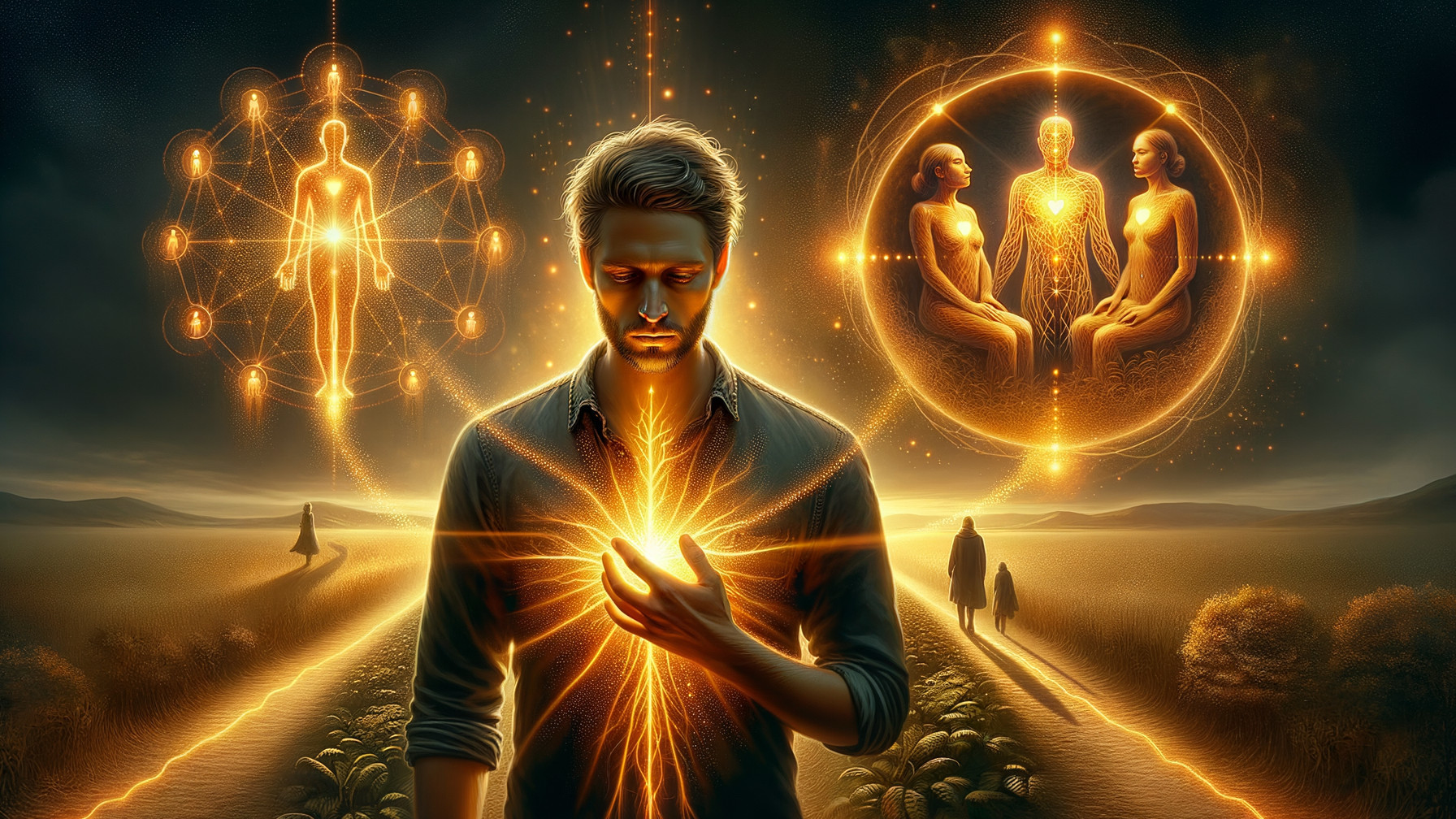 Man at Crossroads with Glowing Heart Orb and Silhouettes