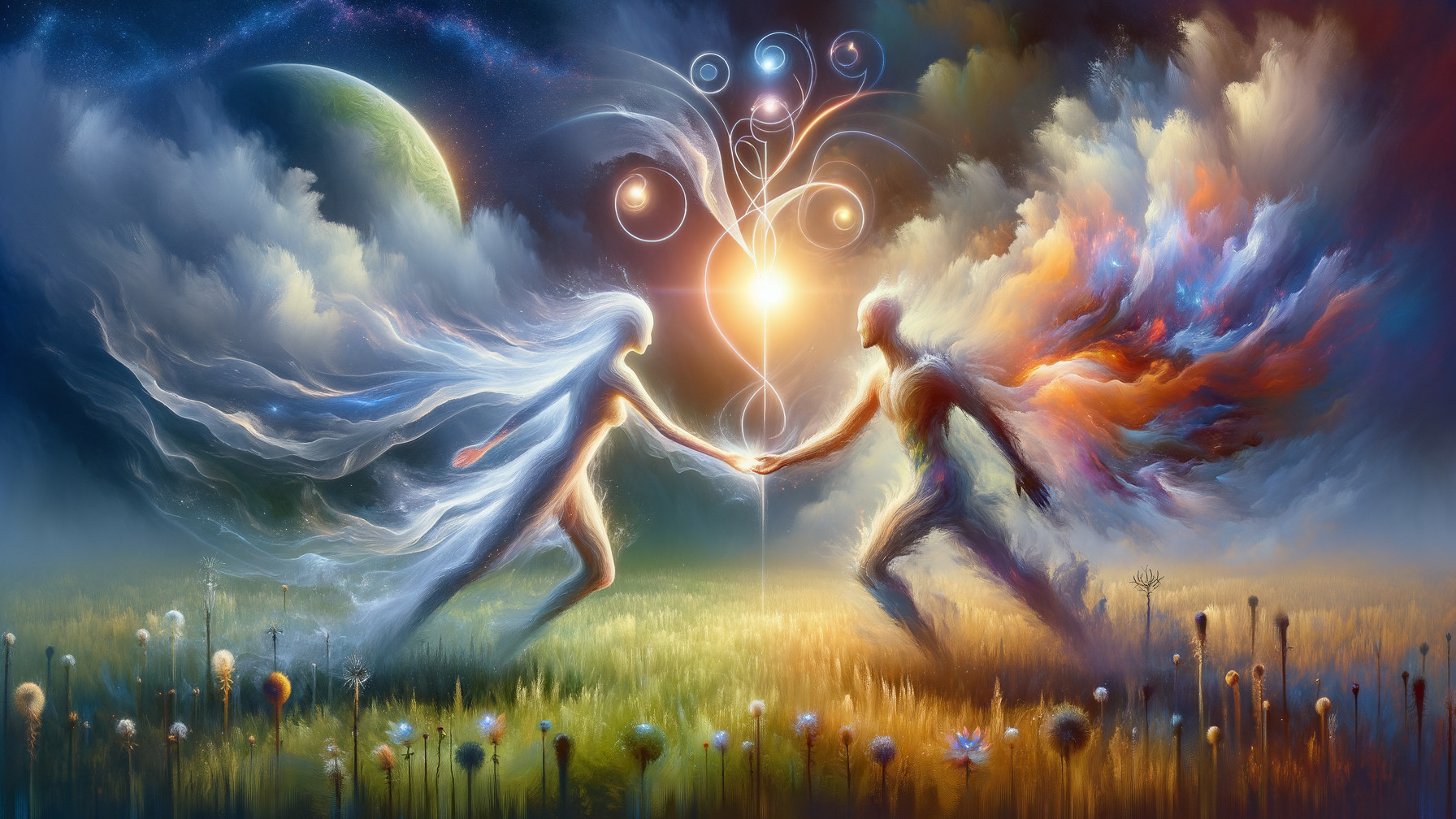 Ethereal Figures in Surreal Landscape with Light Connection