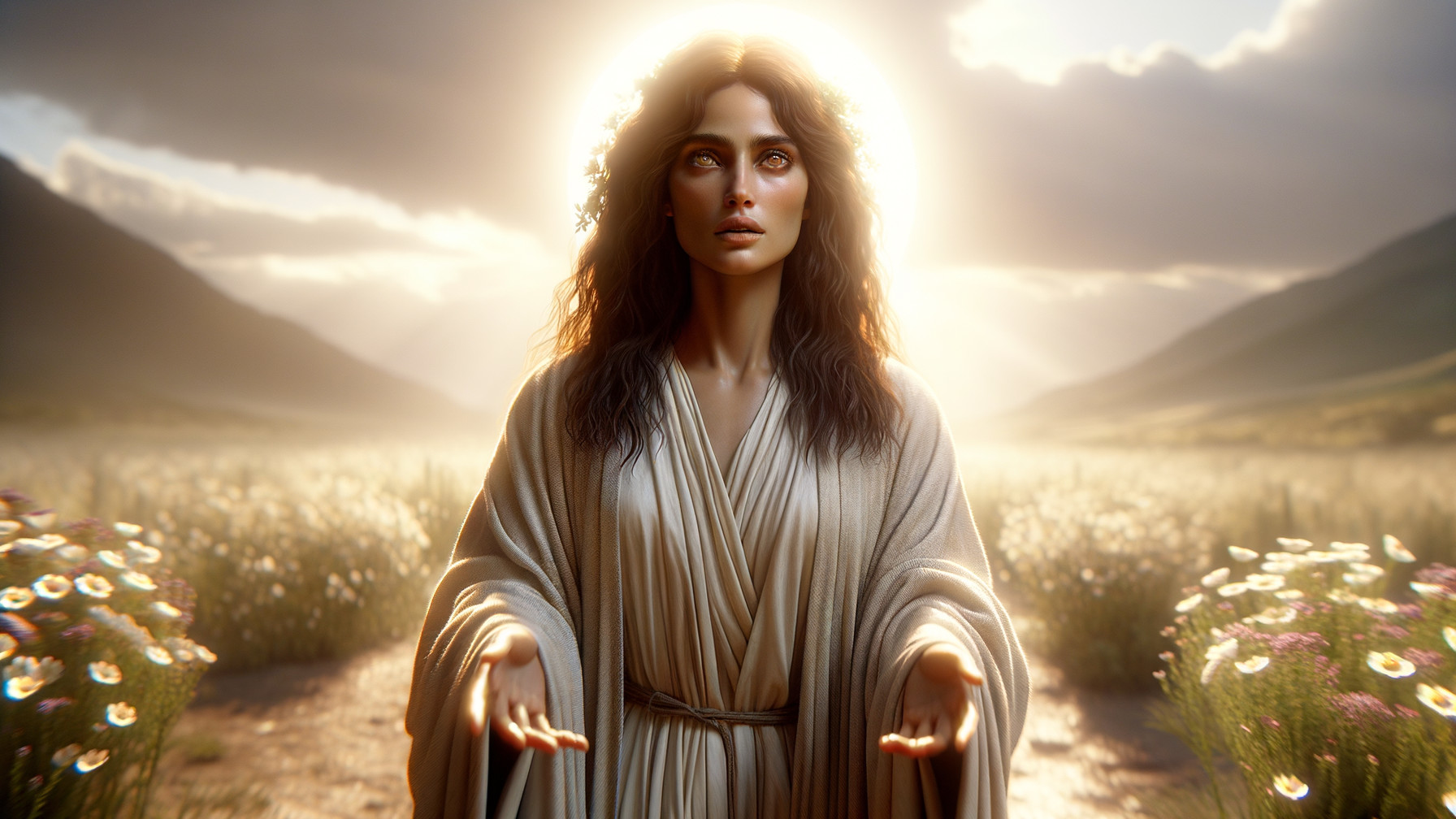 Serene figure in sunlit meadow with blooming flowers