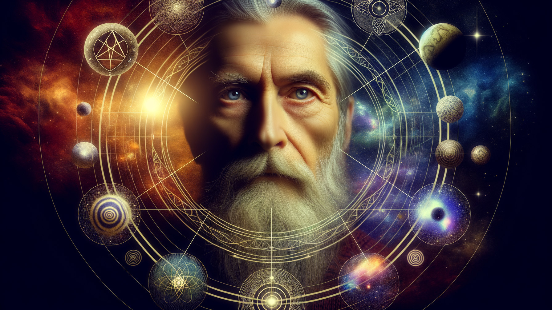 Elderly Man's Face with Cosmic Patterns and Stars