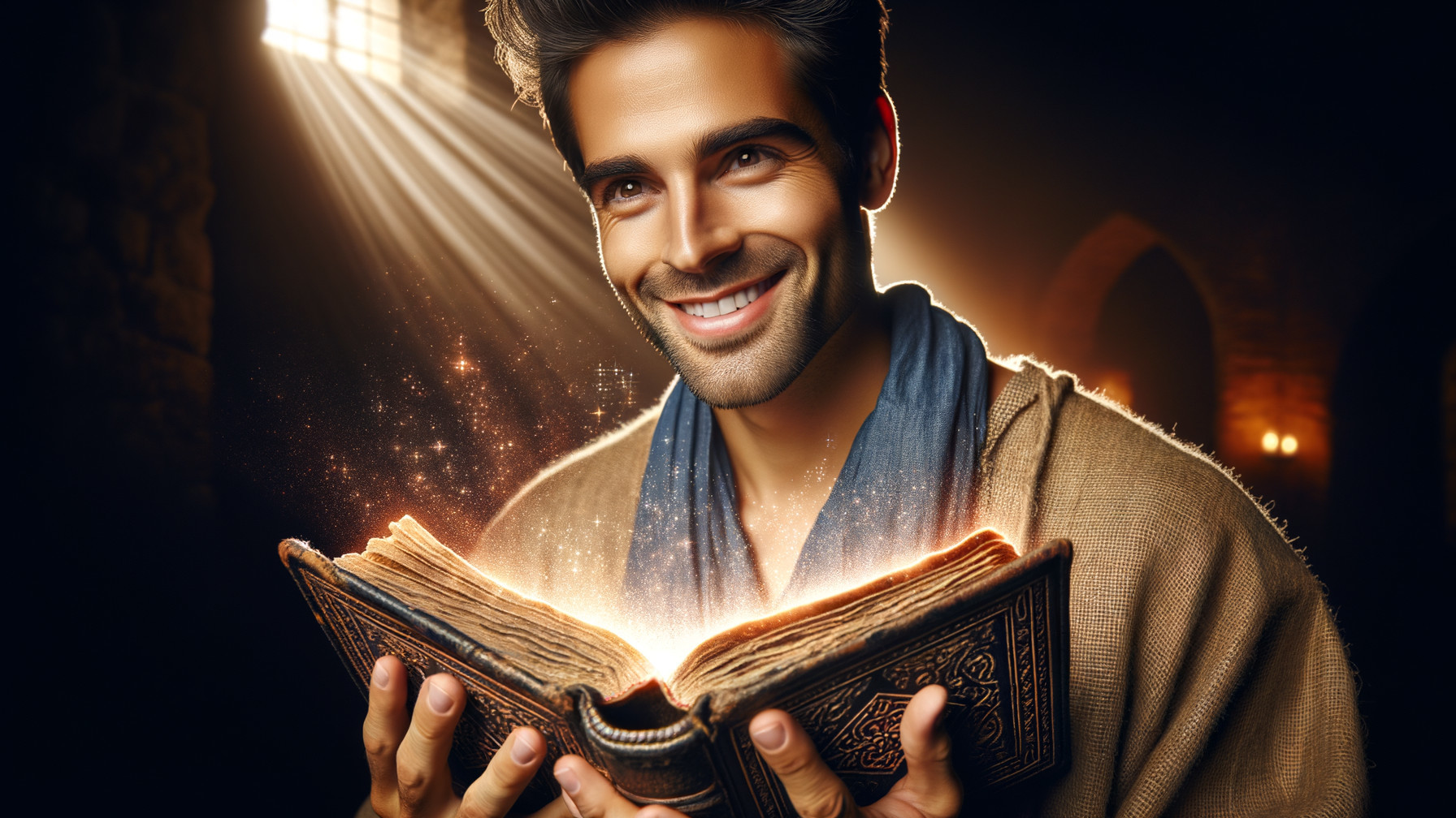 Smiling Man with Ancient Book in Mystical Light