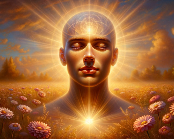 Serene Figure in Vibrant Daisy Field with Ethereal Glow