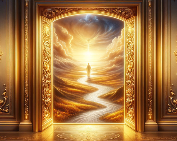 Ornate Gold Doorway Opens to Vibrant Landscape Scene