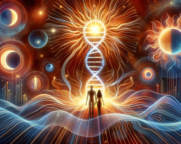Cosmic Scene with DNA Strands and Celestial Bodies