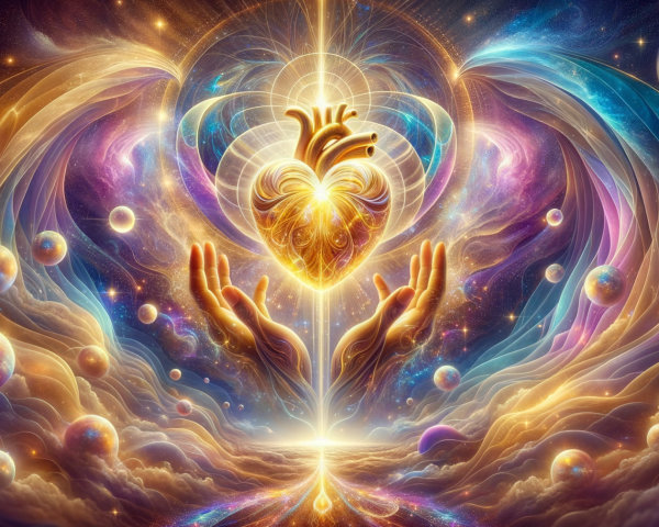 Hands Cradling Radiant Heart in Cosmic Clouds