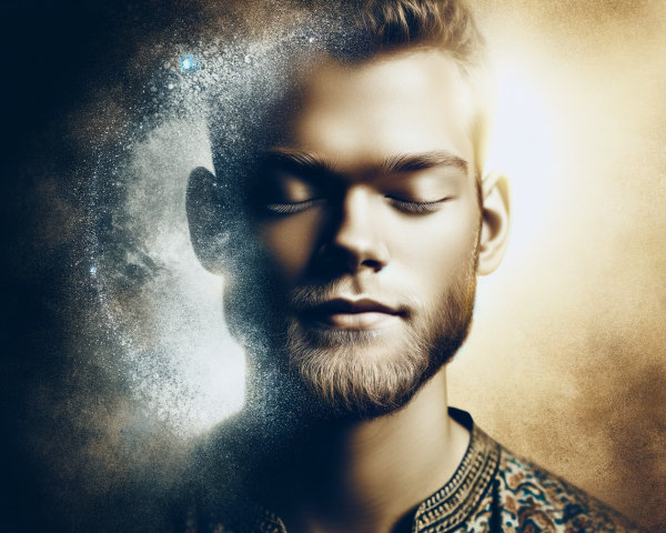 Serene Male Figure Against Cosmic Light and Shadow