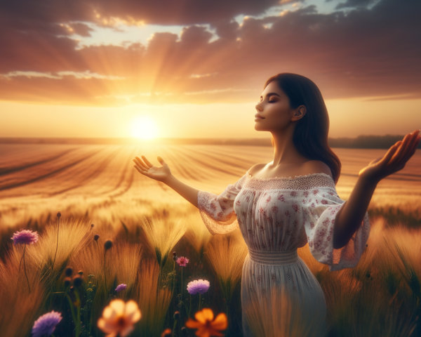 Woman in Wildflower Field at Golden Hour