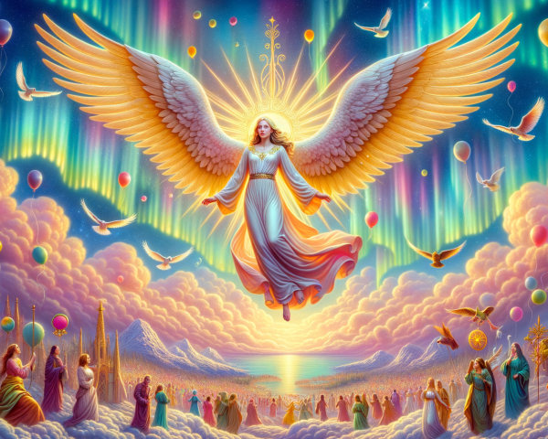 Radiant angel with golden wings over vibrant landscape