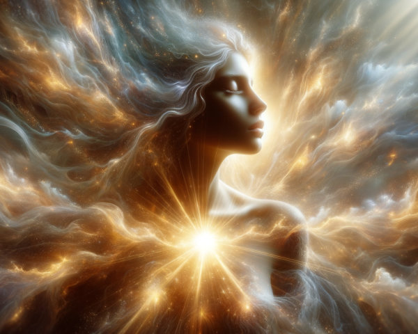 Cosmic Figure Surrounded by Ethereal Colors and Light