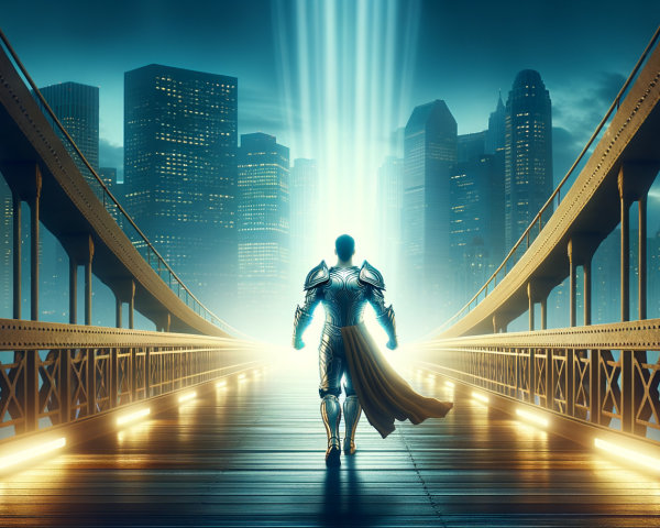 Superhero on Luminous Bridge Over Glowing City Skyline