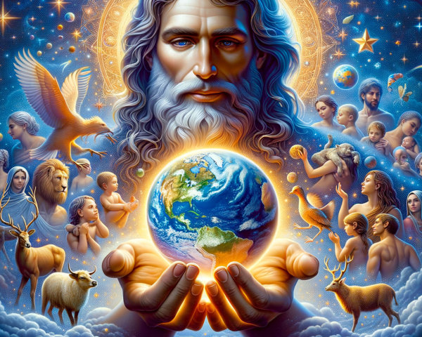 Mystical Figure with Earth Surrounded by Celestial Elements