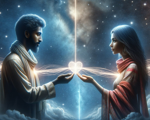 Mystical Scene of Unity with Glowing Hearts and Stars