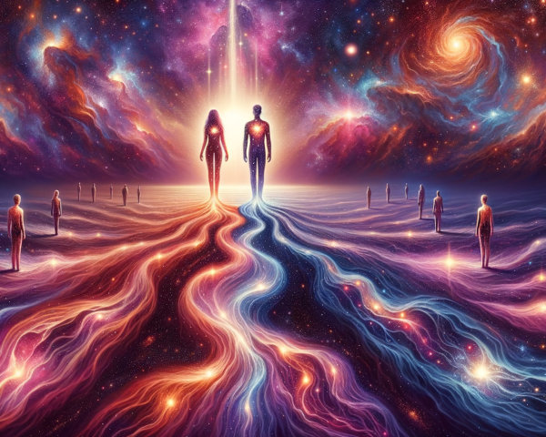 Vibrant Cosmic Scene with Galaxy and Symbolic Figures