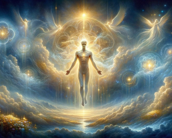 Celestial Abstract Painting with Luminous Figure and Wings