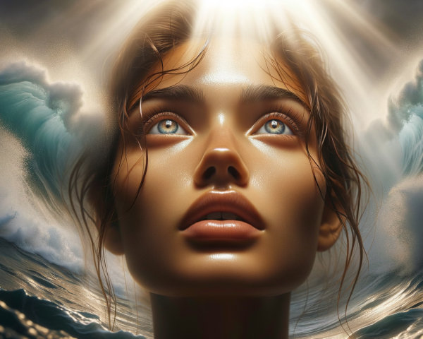 Young Woman Surrounded by Ocean Waves and Light