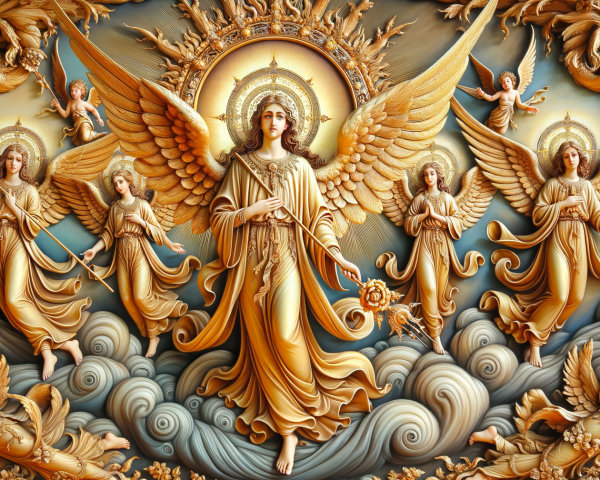 Bas Relief Sculpture of Angels and Cherubs in Gold