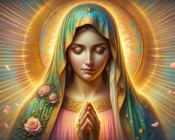 Serene Woman in Blue and Gold Robe with Halo