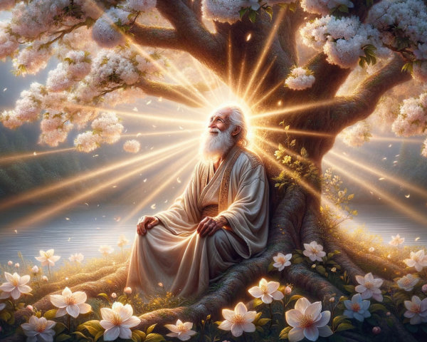 Elderly Sage Beneath Blossoming Tree in Tranquil Scene