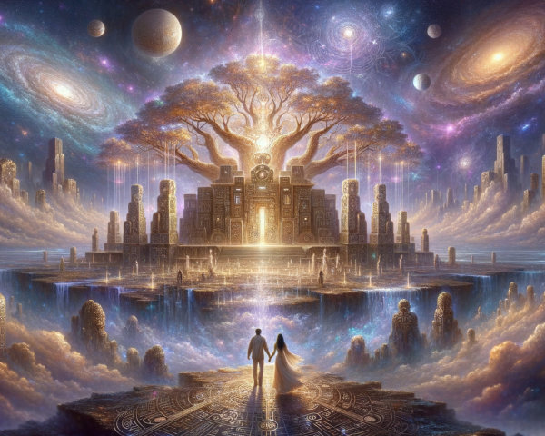 Cosmic Landscape with Majestic Tree and Ancient Structures