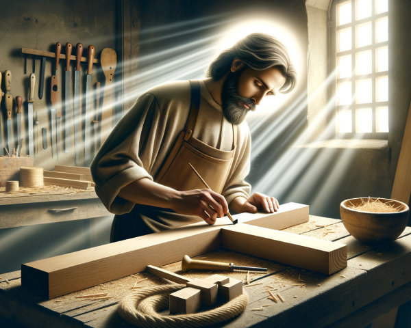 Jesus as a carpenter measuring wood in a workshop