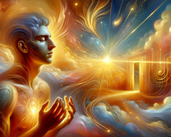 Spiritual Painting of a Serene Man in Cosmic Setting